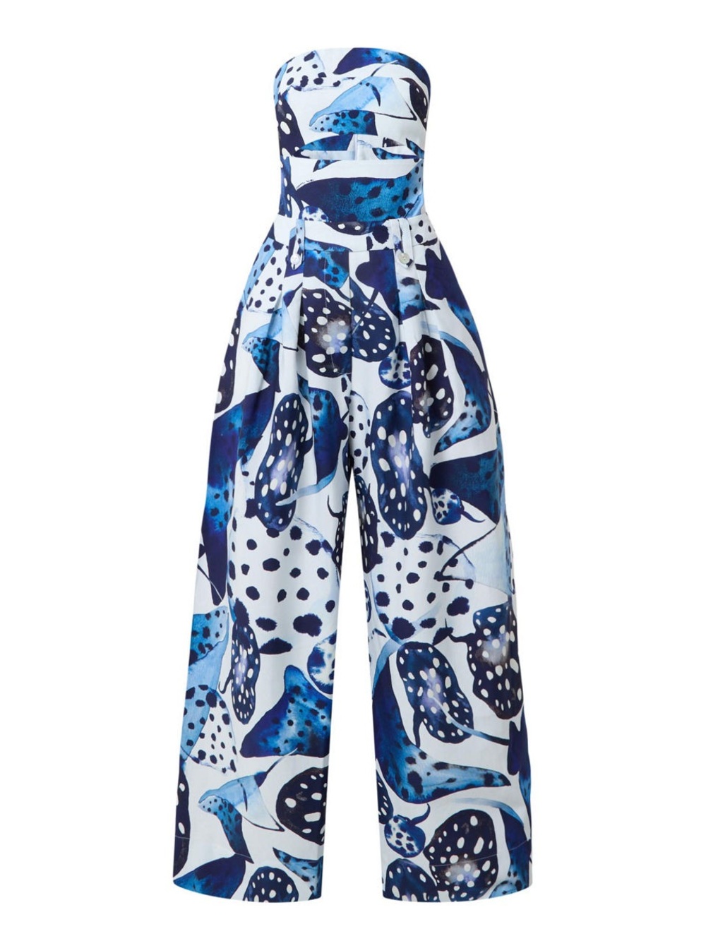 FARM Rio Strapless Wide-Leg Jumpsuit in Blue & White Abstract Print